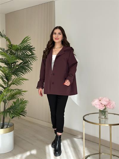 Güpür Detaylı Kapşonlu Trençkot Mürdüm