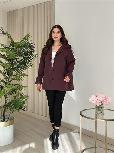 Güpür Detaylı Kapşonlu Trençkot Mürdüm