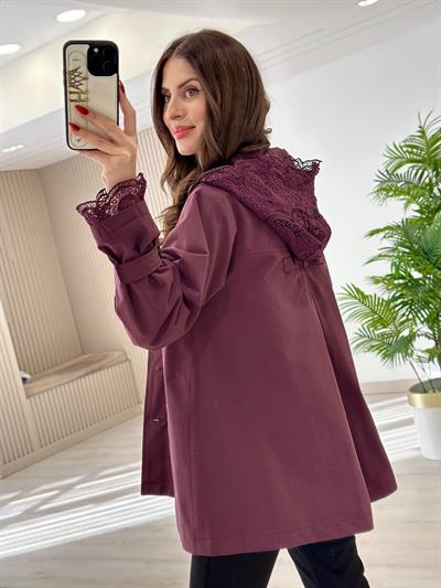 Güpür Detaylı Kapşonlu Trençkot Mürdüm