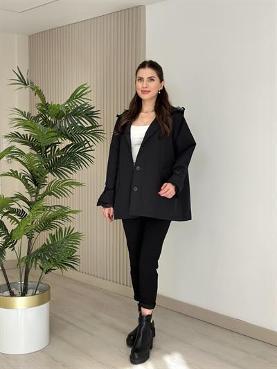 Güpür Detaylı Kapşonlu Trençkot Siyah