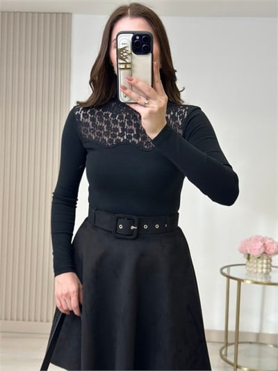 Güpür Detaylı Örme Modal Bluz Siyah