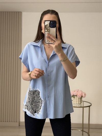 Güpür Detaylı Poplin Gömlek Bebe Mavi