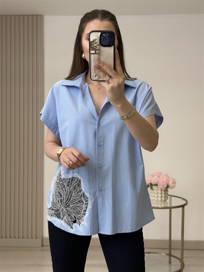 Güpür Detaylı Poplin Gömlek Bebe Mavi