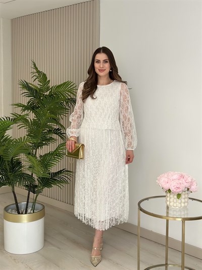 Güpürlü Pileli Özel Seri Elbise Beyaz