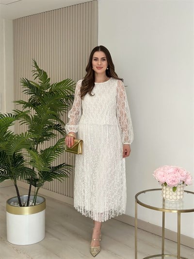 Güpürlü Pileli Özel Seri Elbise Beyaz