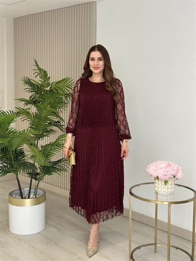 Güpürlü Pileli Özel Seri Elbise Mürdüm