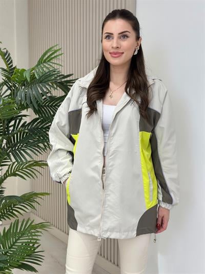 Haki Bej Geçişli Kapşonlu Yağmurluk