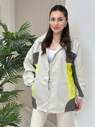 Haki Bej Geçişli Kapşonlu Yağmurluk