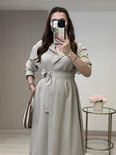 Hakim Yaka Kuşaklı Poliviskon Elbise Taş