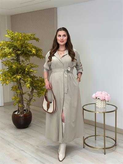 Hakim Yaka Kuşaklı Poliviskon Elbise Taş