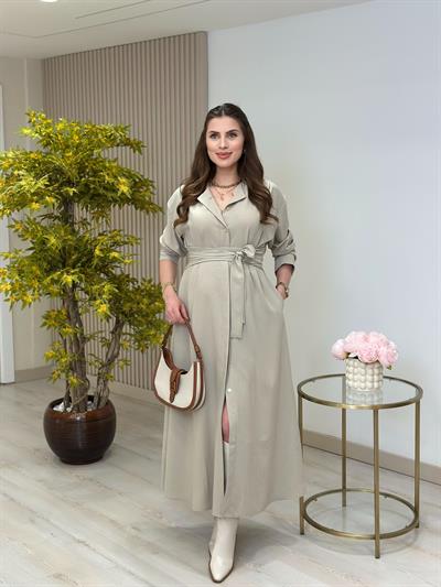 Hakim Yaka Kuşaklı Poliviskon Elbise Taş