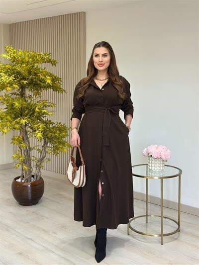 Hakim Yaka Kuşaklı Poliviskon Elbise Kahve