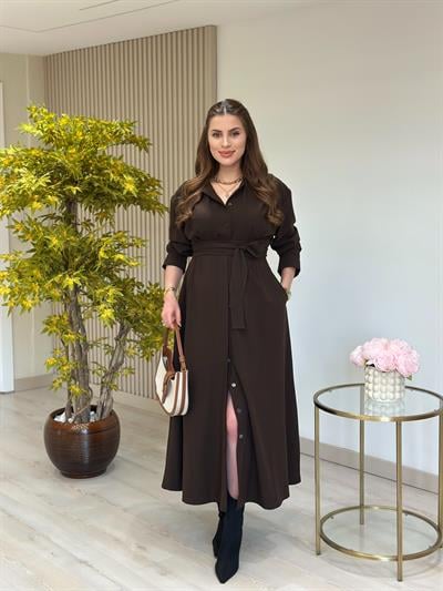 Hakim Yaka Kuşaklı Poliviskon Elbise Kahve