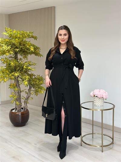 Hakim Yaka Kuşaklı Poliviskon Elbise Siyah