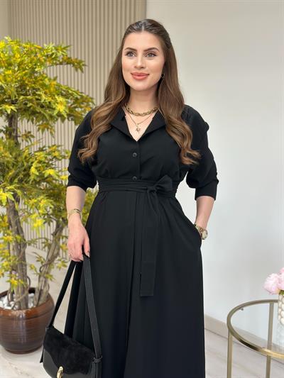 Hakim Yaka Kuşaklı Poliviskon Elbise Siyah