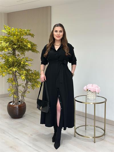 Hakim Yaka Kuşaklı Poliviskon Elbise Siyah