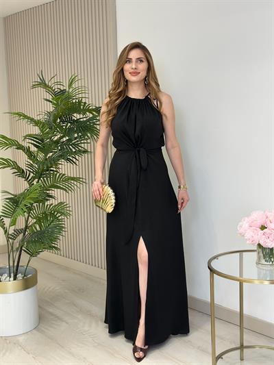 Halter Yaka Bağlama Detaylı Yırtmaç Detaylı Elbise Siyah