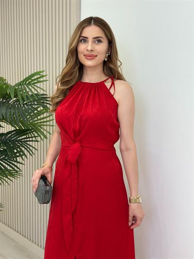 Halter Yaka Bağlama Detaylı Yırtmaçlı Elbise Kırmızı