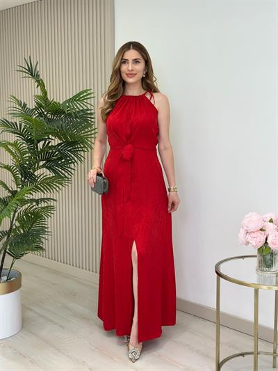 Halter Yaka Bağlama Detaylı Yırtmaçlı Elbise Kırmızı
