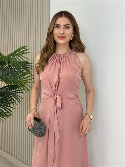 Halter Yaka Bağlama Detaylı Yırtmaçlı Elbise Pudra