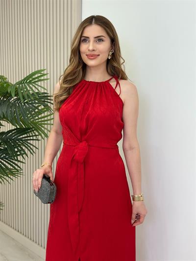 Halter Yaka Bağlama Detaylı Yırtmaçlı Elbise Kırmızı