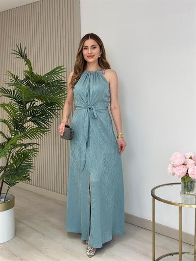 Halter Yaka Bağlama Detaylı Yırtmaçlı Elbise Mint