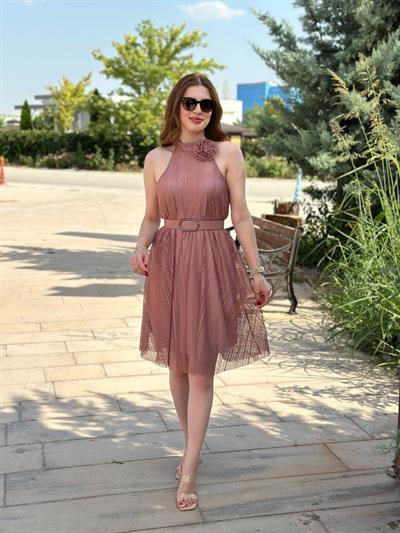 Halter Yaka Kemerli Güpür Elbise Gül Kurusu
