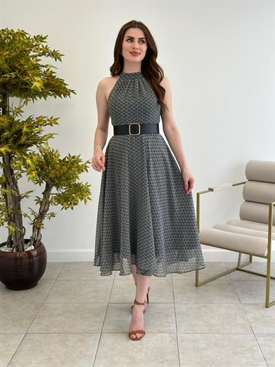 Halter Yaka Kemerli Siyah Desenli Elbise