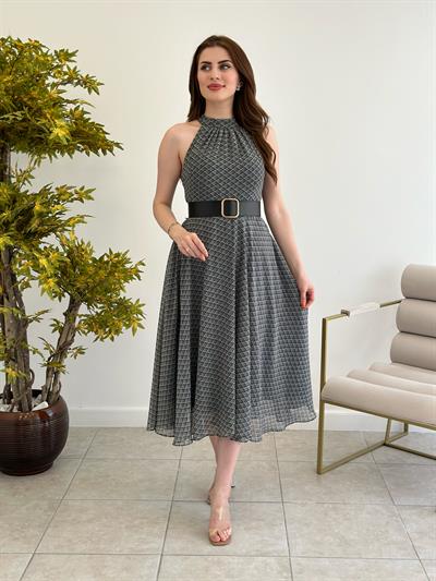 Halter Yaka Kemerli Siyah Desenli Elbise