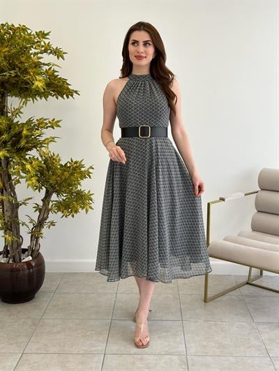Halter Yaka Kemerli Siyah Desenli Elbise