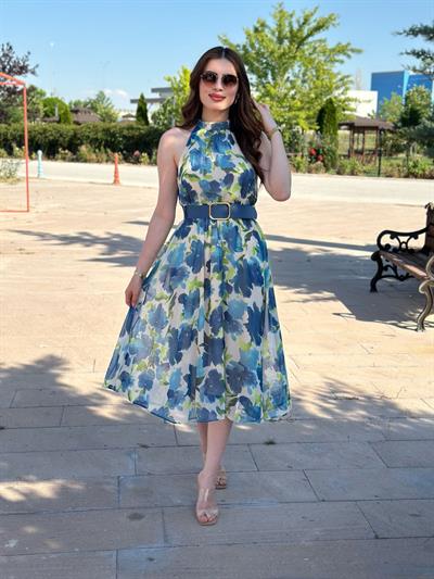 Halter Yaka Mavi Çiçekli Kemerli Şifon Kumaş Elbise