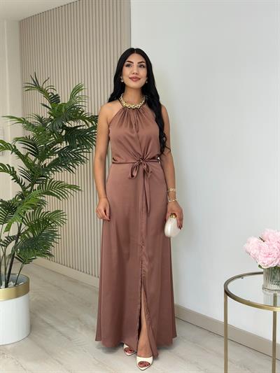 Halter Yaka Önden Yırtmaçlı Elbise Kahve