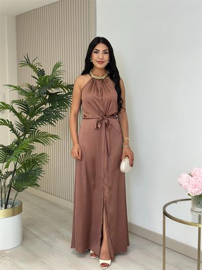 Halter Yaka Önden Yırtmaçlı Elbise Kahve