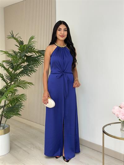 Halter Yaka Önden Yırtmaçlı Elbise Saks Mavi
