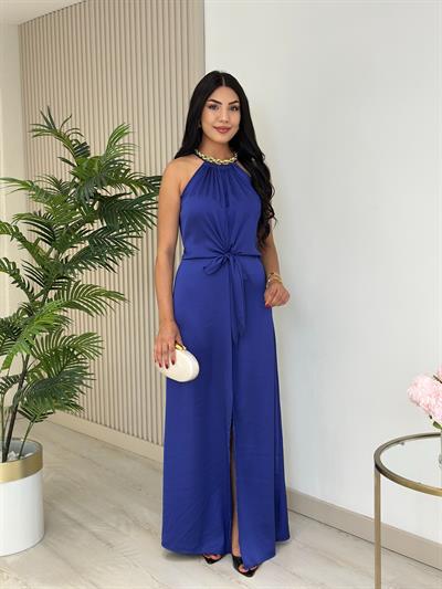 Halter Yaka Önden Yırtmaçlı Elbise Saks Mavi