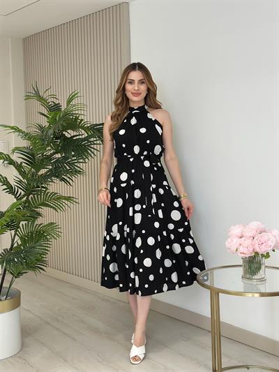 Halter Yaka Puantiye Desenli Viskon Elbise