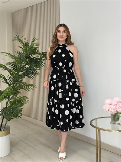 Halter Yaka Puantiye Desenli Viskon Elbise