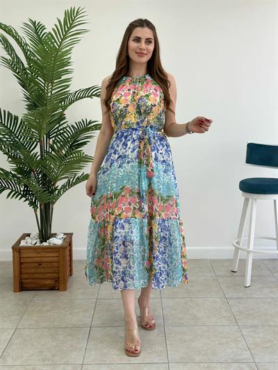 Halter Yaka Şifon Mavi Çiçekli Elbise