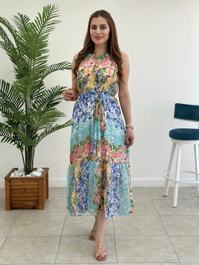 Halter Yaka Şifon Mavi Çiçekli Elbise