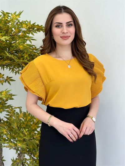 Hardal Kolları Pileli Volanlı Büyük Beden Bluz