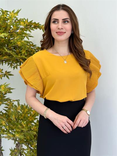 Hardal Kolları Pileli Volanlı Büyük Beden Bluz