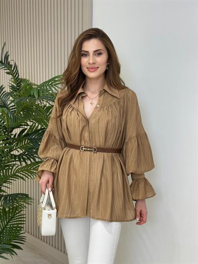 Helen Kolları Büzgü Detaylı Gömlek Camel