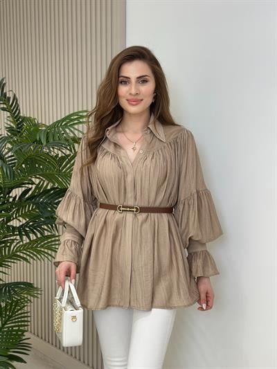 Helen Kolları Büzgü Detaylı Gömlek Vizon 