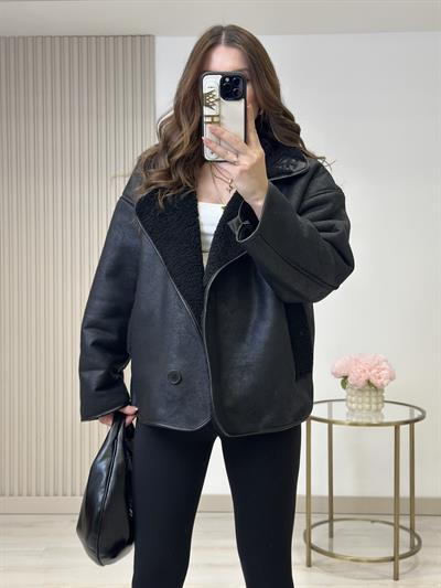 İçi Kürklü Biker Deri Görünümlü Mont Siyah
