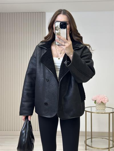 İçi Kürklü Biker Deri Görünümlü Mont Siyah