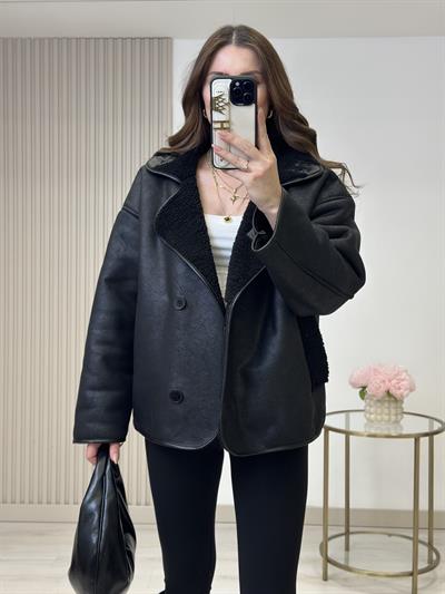 İçi Kürklü Biker Deri Görünümlü Mont Siyah