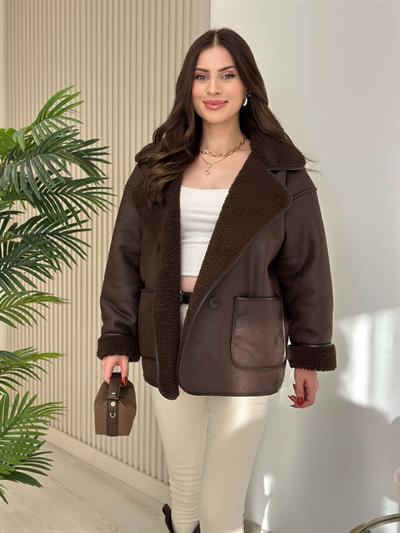 İçi Teddy Deri Görünümlü Mont Kahve 