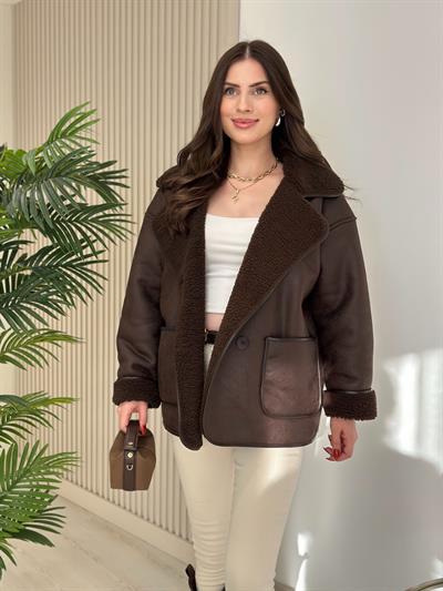 İçi Teddy Deri Görünümlü Mont Kahve 