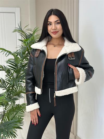 İçi Teddy Deri Mont Siyah