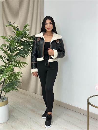 İçi Teddy Deri Mont Siyah